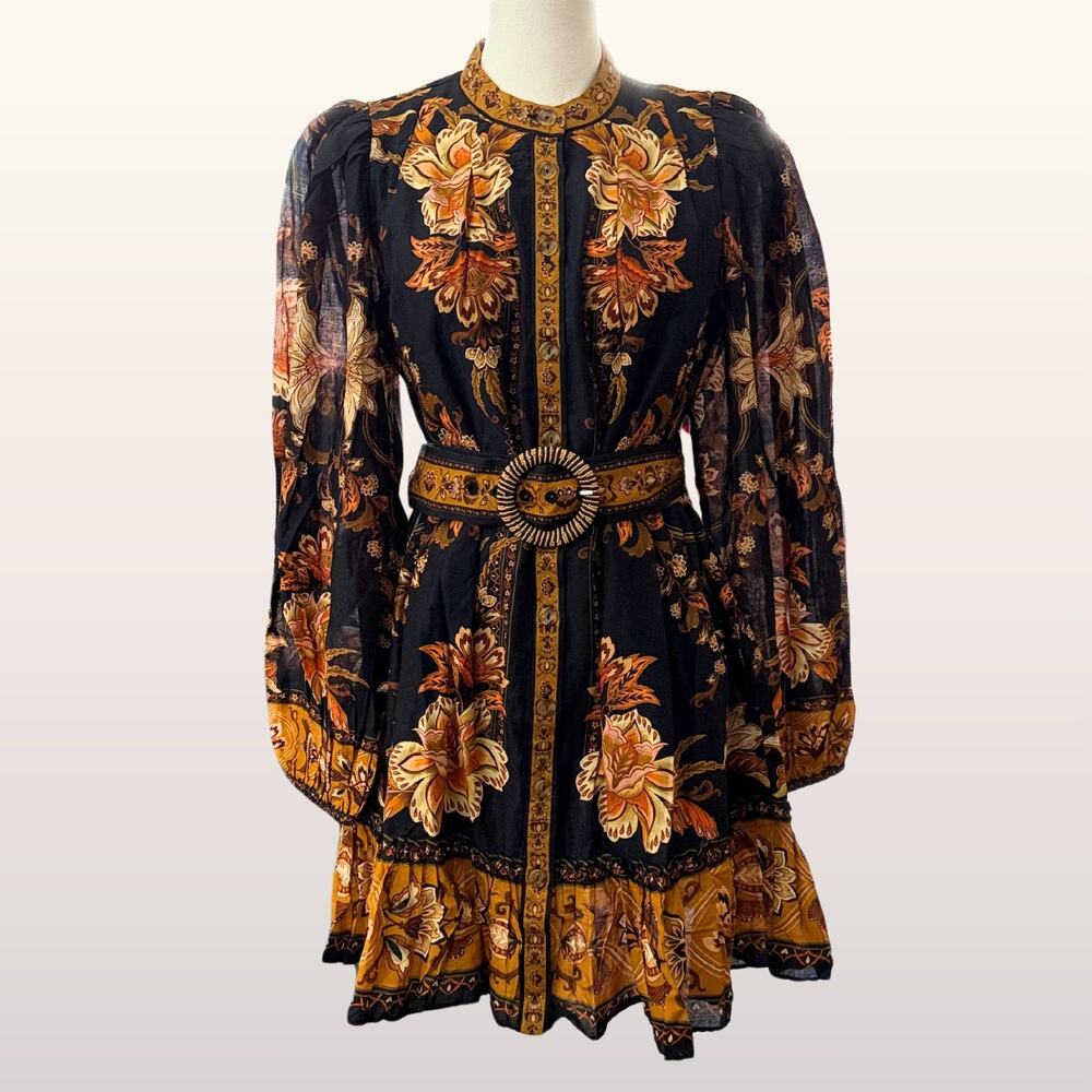 NWT Farm Rio Majestic Garden Black Mini Dress Size M Floral Boho Belted Ruffle - Picture 3 of 11